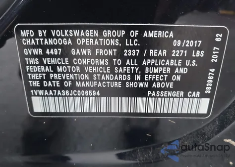 2018 Volkswagen Passat 2.0T R-Line/2.0T S from USA, damaged, VIN 1VWAA7A36JC006594